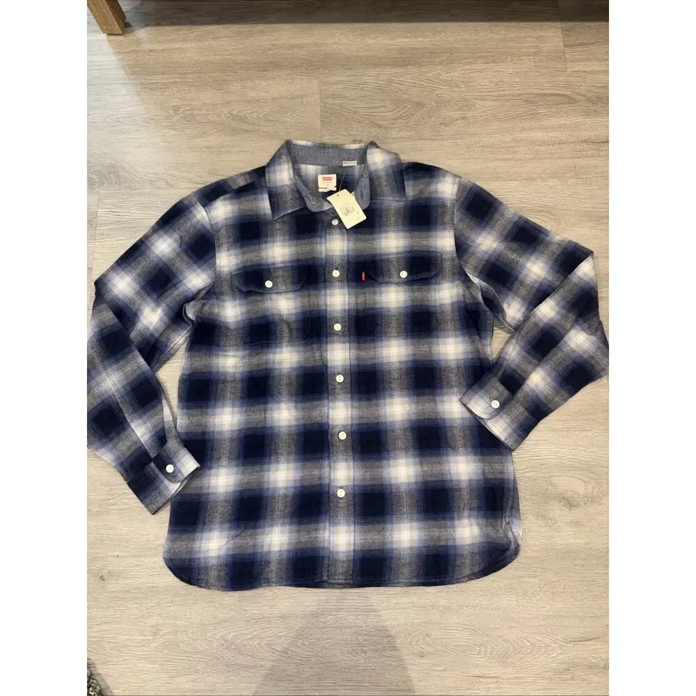 Men Levis NEW White Blue Plaid Flannel Button Shirt Long Sleeve Size MED #4469